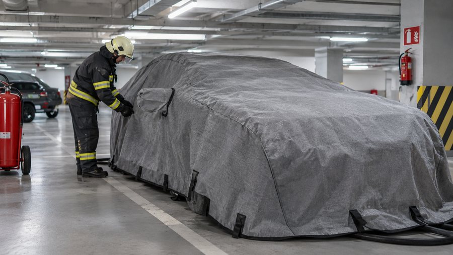 Coperta ignifuga su un veicolo elettrico in un parcheggio